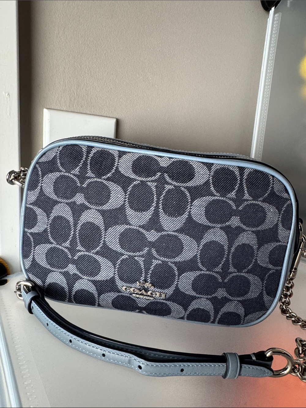 Coach Monogram Crossbody Bag in Charcoal and Light Blue Trim